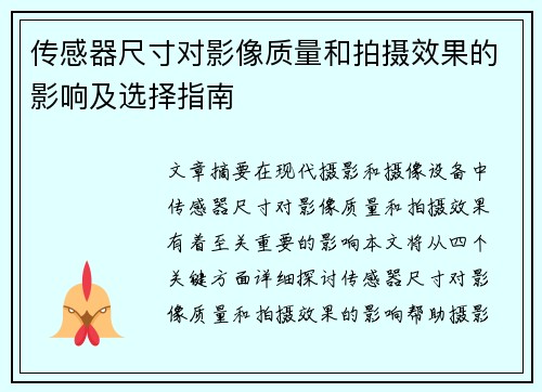 传感器尺寸对影像质量和拍摄效果的影响及选择指南